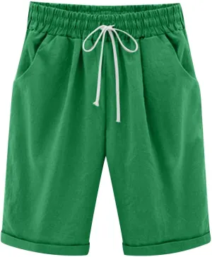 Womens Bermuda Shorts Summer Linen Knee Length Wide Leg Shorts Baggy Comfy High Waist Solid Short Pants with Pockets