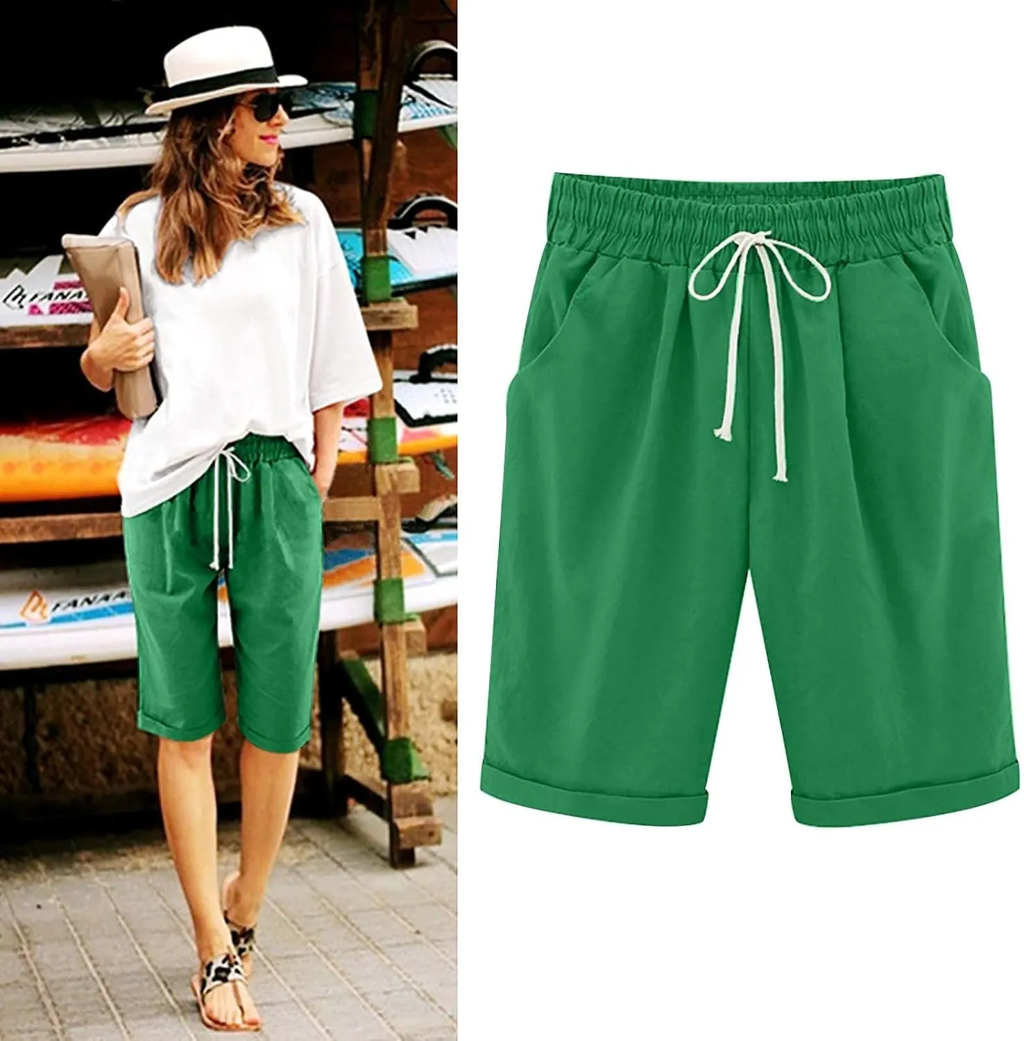 Womens Bermuda Shorts Summer Linen Knee Length Wide Leg Shorts Baggy Comfy High Waist Solid Short Pants with Pockets