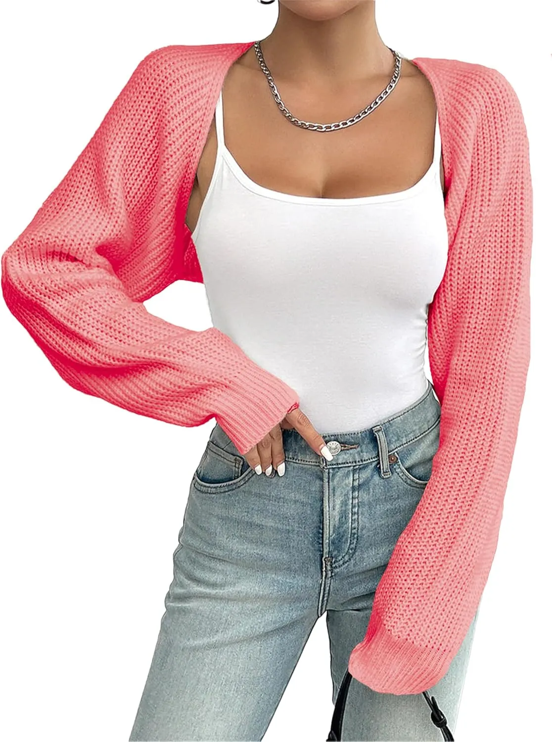 Women's Bolero Shrug Sweater Rib Knitted Long Sleeve Open Front Cropped Cardigan Y2K Tops