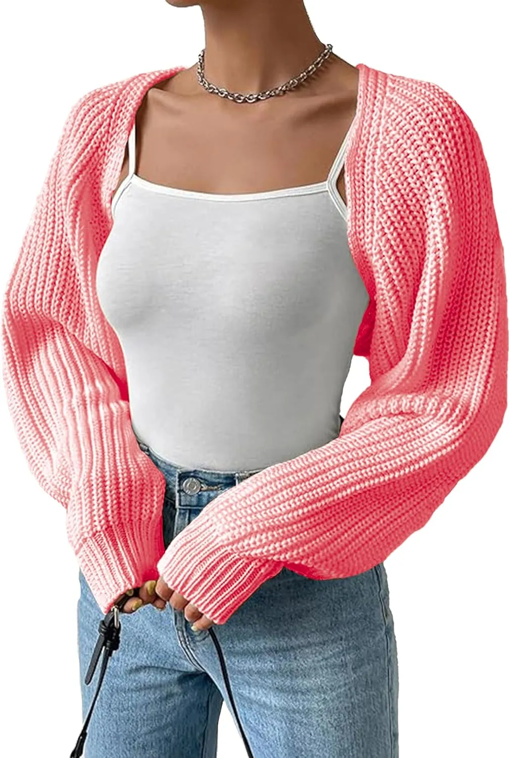 Women's Bolero Shrug Sweater Rib Knitted Long Sleeve Open Front Cropped Cardigan Y2K Tops