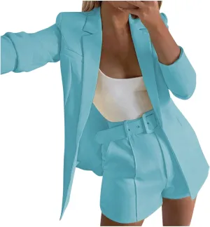 Women's Business Suits with Belt Long Sleeve Blazer Jacket and High Waisted Shorts 2 Pieces Outfits Shorts Set