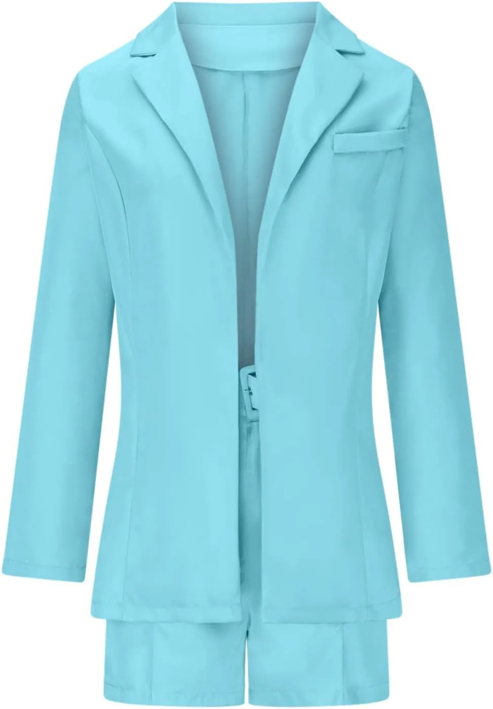 Women's Business Suits with Belt Long Sleeve Blazer Jacket and High Waisted Shorts 2 Pieces Outfits Shorts Set