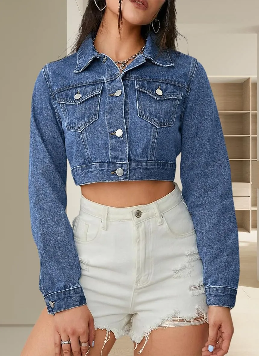 Women's Button Down Jacket Long Sleeve Cropped Top Denim Jeans Coat