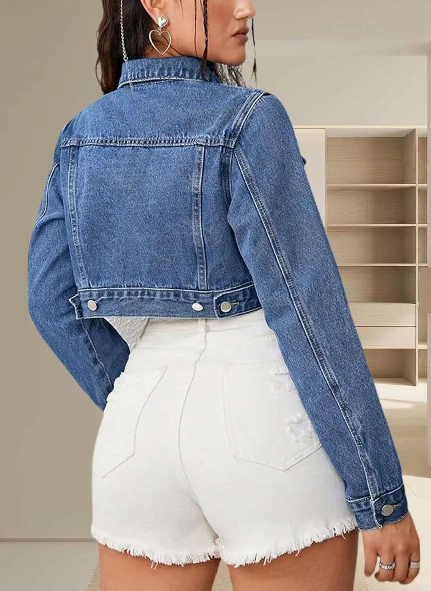 Women's Button Down Jacket Long Sleeve Cropped Top Denim Jeans Coat