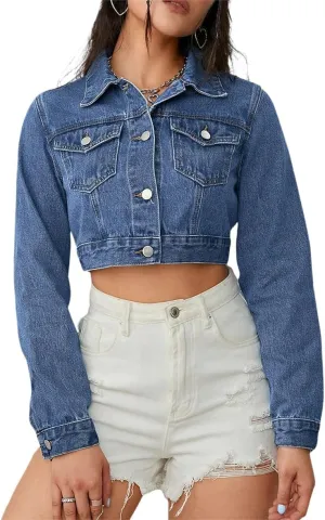 Women's Button Down Jacket Long Sleeve Cropped Top Denim Jeans Coat