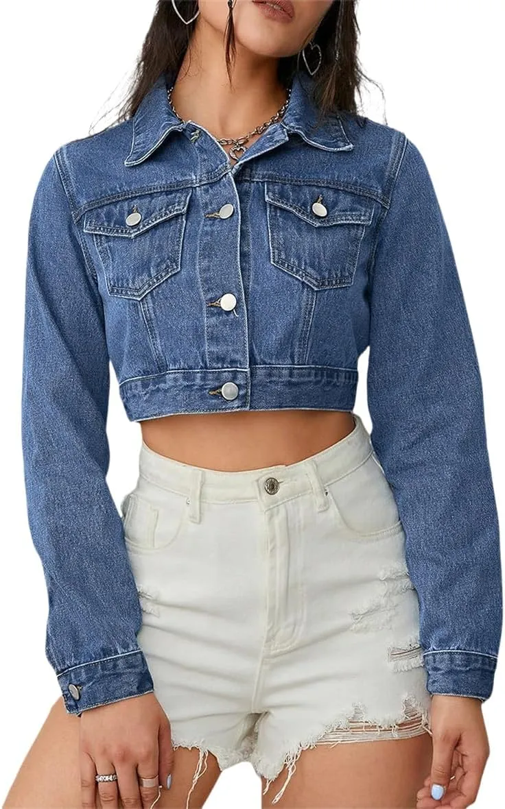 Women's Button Down Jacket Long Sleeve Cropped Top Denim Jeans Coat