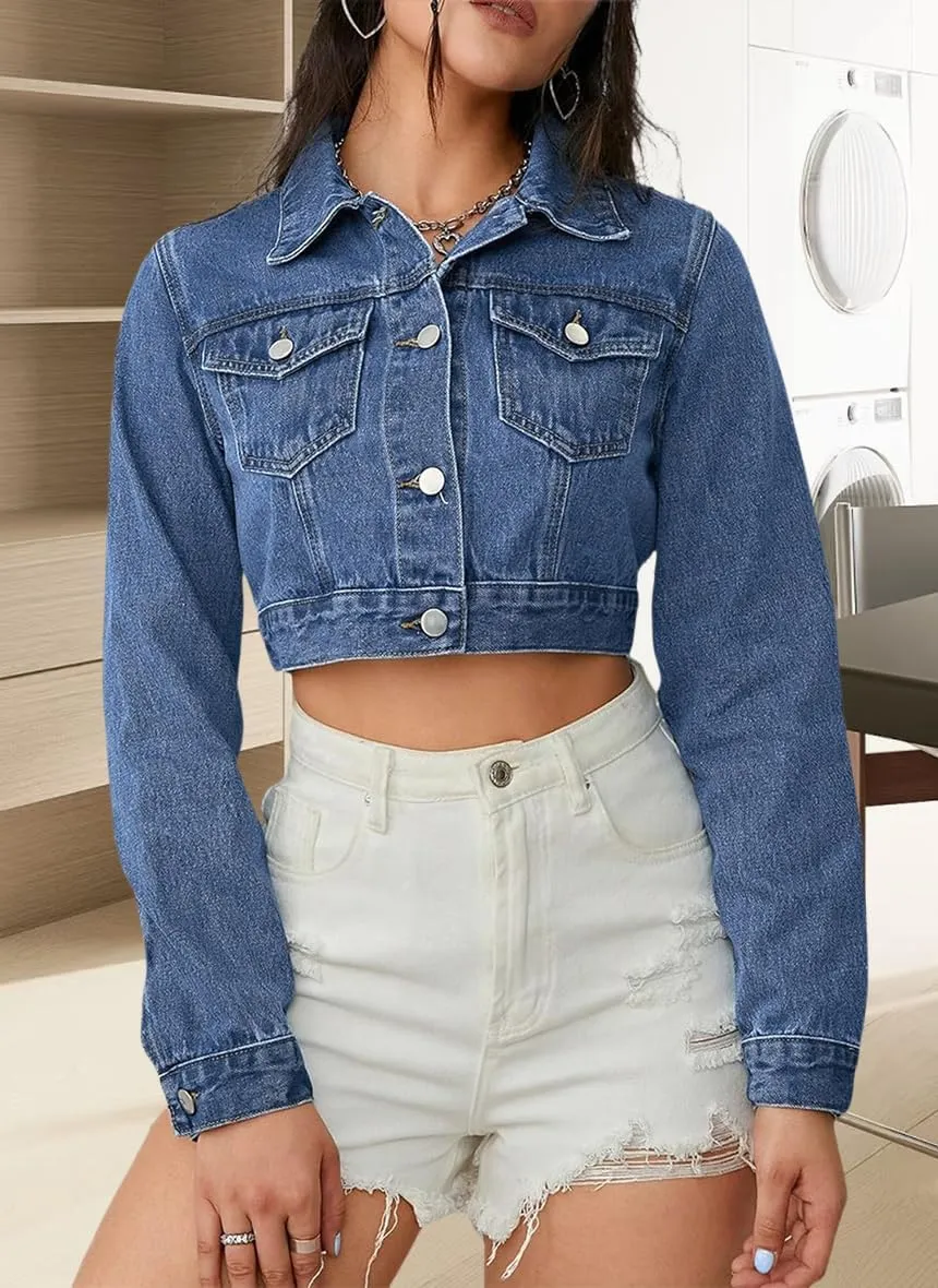 Women's Button Down Jacket Long Sleeve Cropped Top Denim Jeans Coat