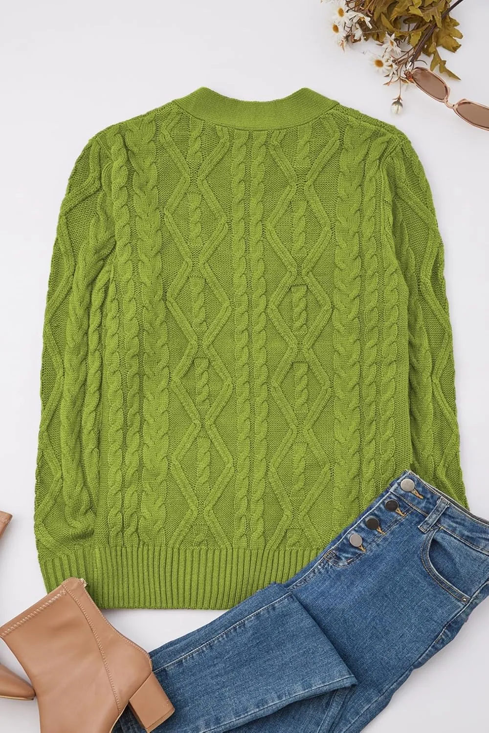 Women's Cable Knit Open Front Button Down Cardigan Sweater Long Sleeve Chunky Fall Sweater Outwear