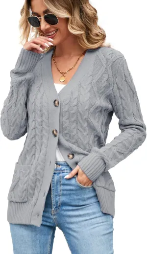 Women's Cable Knit Open Front Button Down Cardigan Sweater Long Sleeve Chunky Fall Sweater Outwear