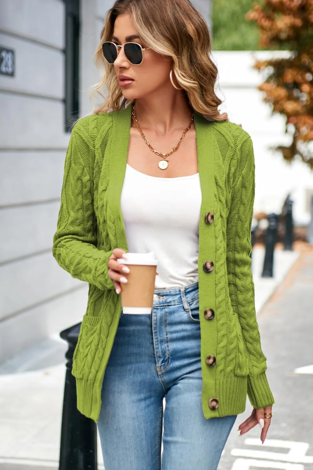 Women's Cable Knit Open Front Button Down Cardigan Sweater Long Sleeve Chunky Fall Sweater Outwear