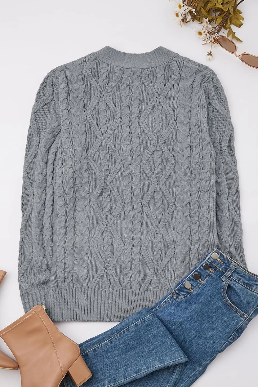 Women's Cable Knit Open Front Button Down Cardigan Sweater Long Sleeve Chunky Fall Sweater Outwear