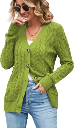 Women's Cable Knit Open Front Button Down Cardigan Sweater Long Sleeve Chunky Fall Sweater Outwear
