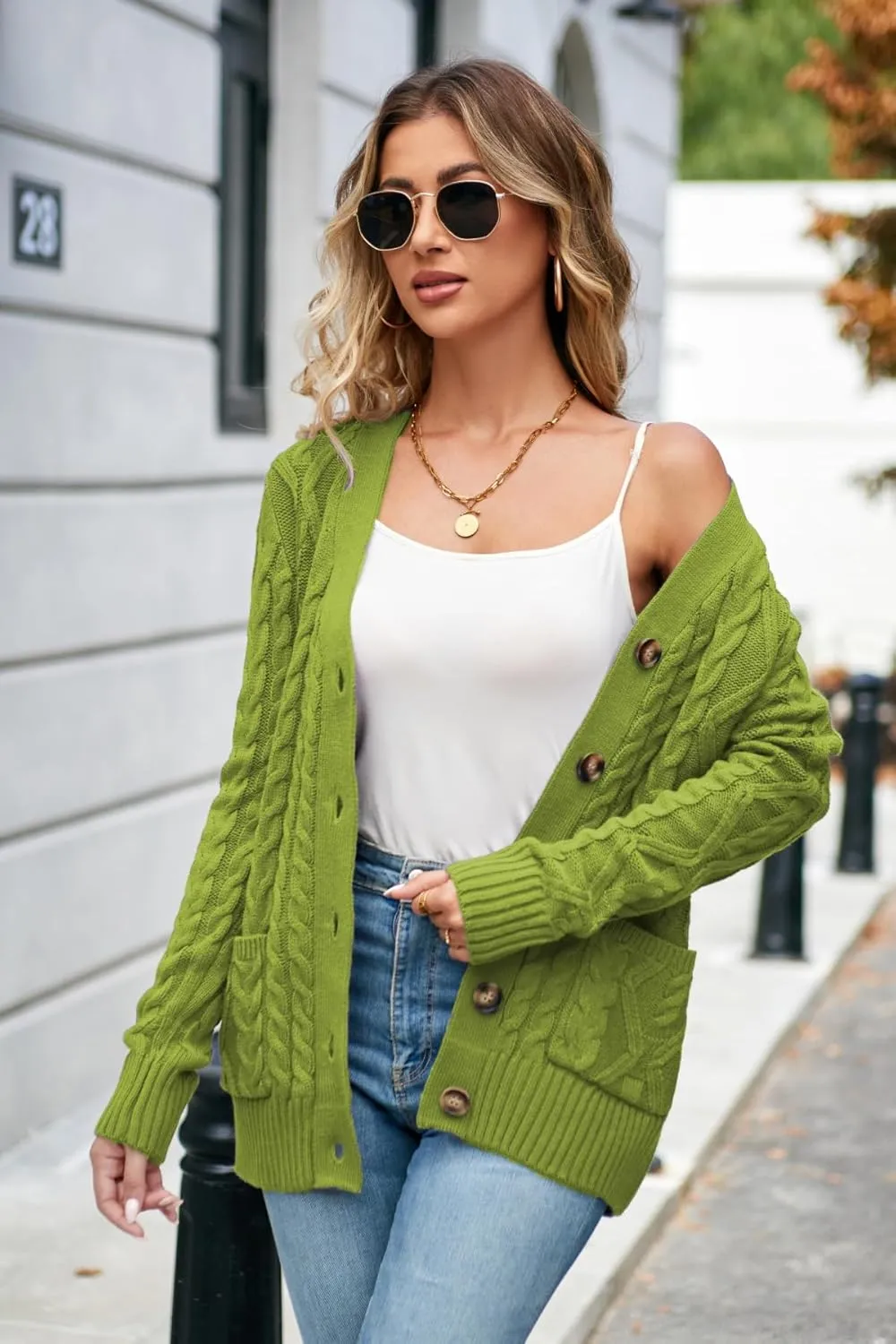 Women's Cable Knit Open Front Button Down Cardigan Sweater Long Sleeve Chunky Fall Sweater Outwear