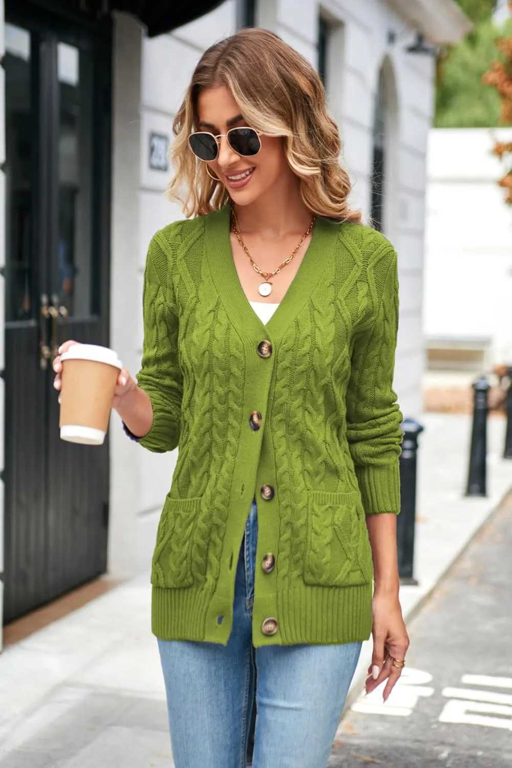Women's Cable Knit Open Front Button Down Cardigan Sweater Long Sleeve Chunky Fall Sweater Outwear