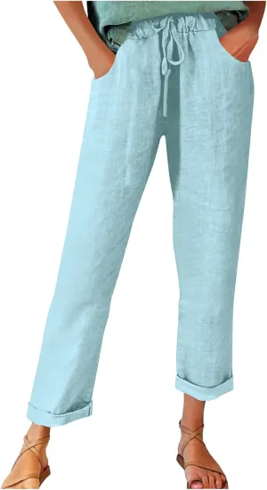 Womens Casual Linen High Waist Pants Drawstring Loose Fit Summer Beach Travel Cropped Trousers with Side Pockets