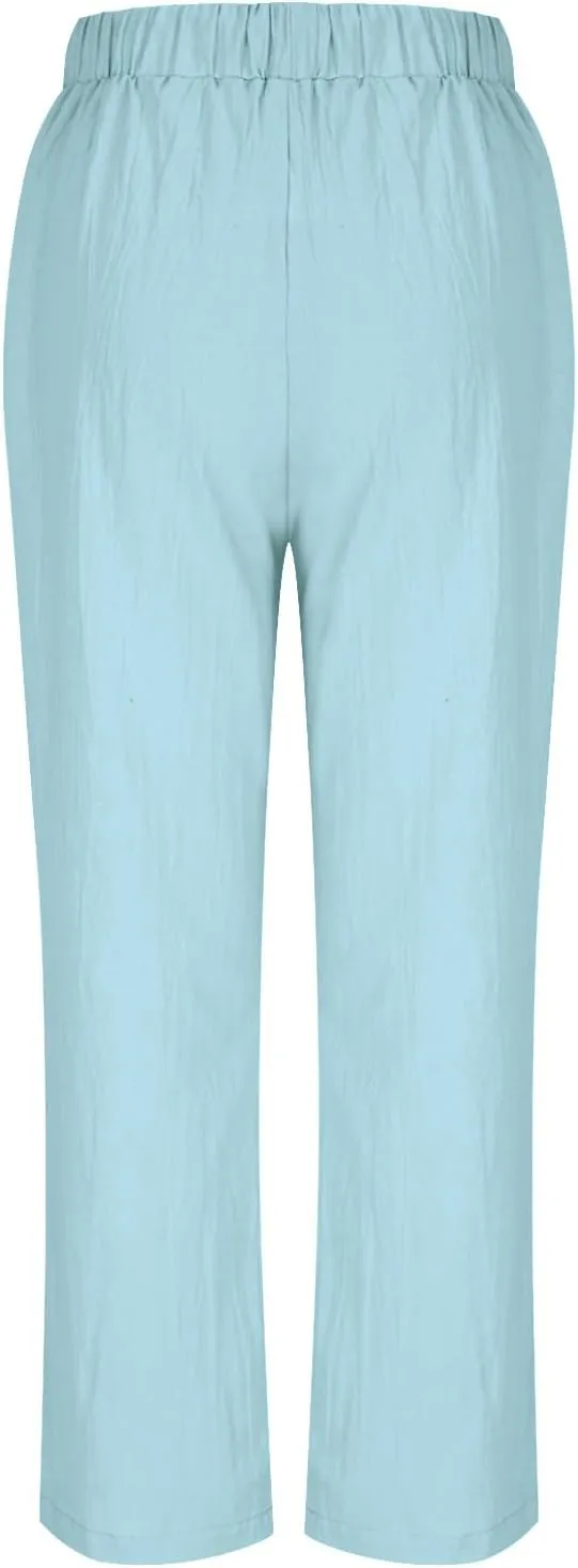 Womens Casual Linen High Waist Pants Drawstring Loose Fit Summer Beach Travel Cropped Trousers with Side Pockets