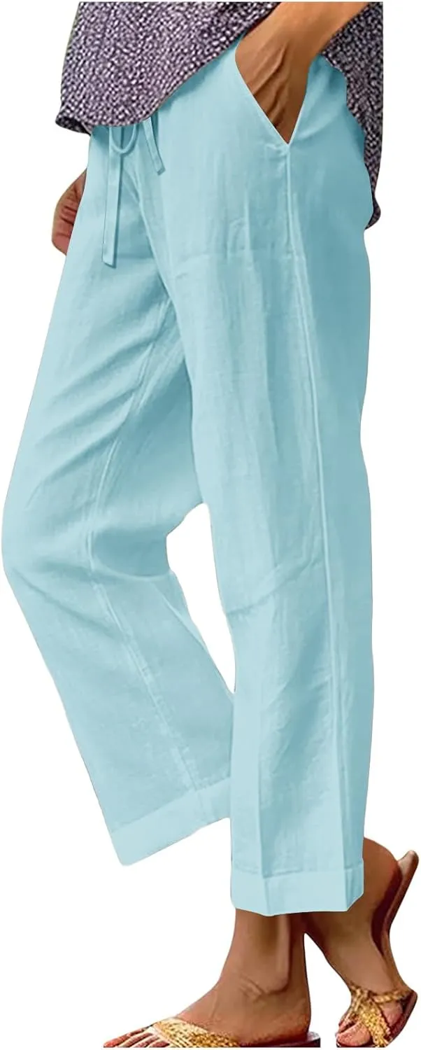 Womens Casual Linen High Waist Pants Drawstring Loose Fit Summer Beach Travel Cropped Trousers with Side Pockets