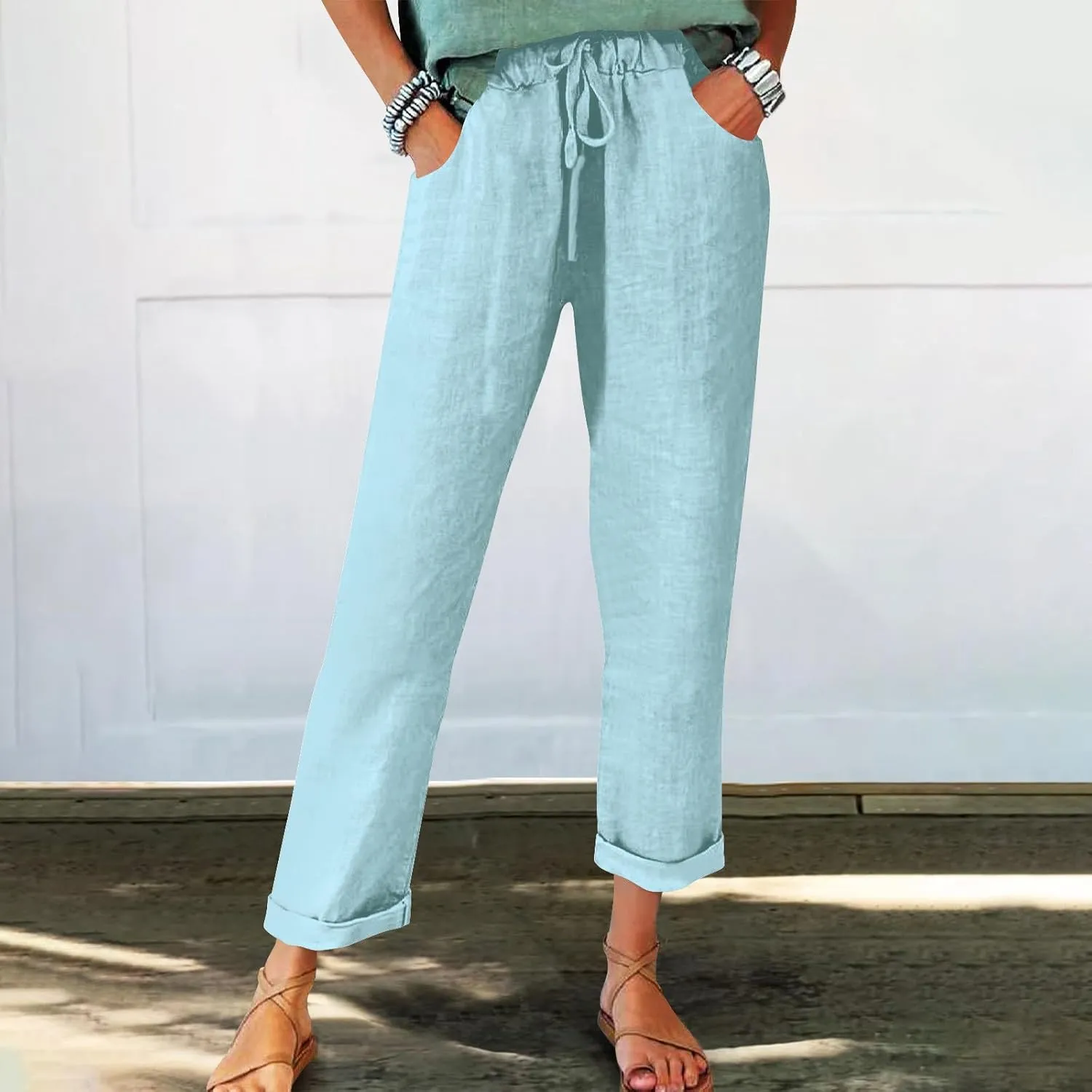 Womens Casual Linen High Waist Pants Drawstring Loose Fit Summer Beach Travel Cropped Trousers with Side Pockets