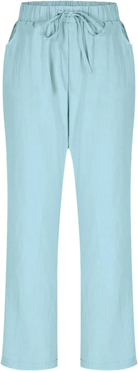 Womens Casual Linen High Waist Pants Drawstring Loose Fit Summer Beach Travel Cropped Trousers with Side Pockets