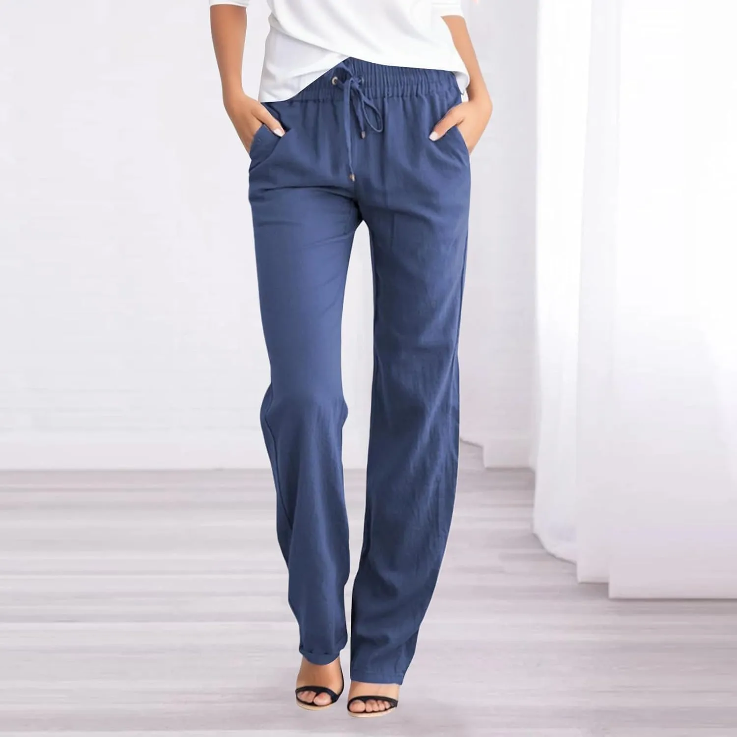 Womens Casual Linen High Waist Pants, Straight Leg Drawstring Loose Summer Holiday Solid Color Elastic Trousers Pockets