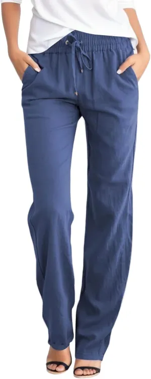 Womens Casual Linen High Waist Pants, Straight Leg Drawstring Loose Summer Holiday Solid Color Elastic Trousers Pockets