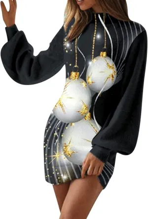 Women's Christmas Short Dress Cute Printed Slim Fit Casual Loose Novelty Long Puff Sleeve High Neck Formal Sweater Dress