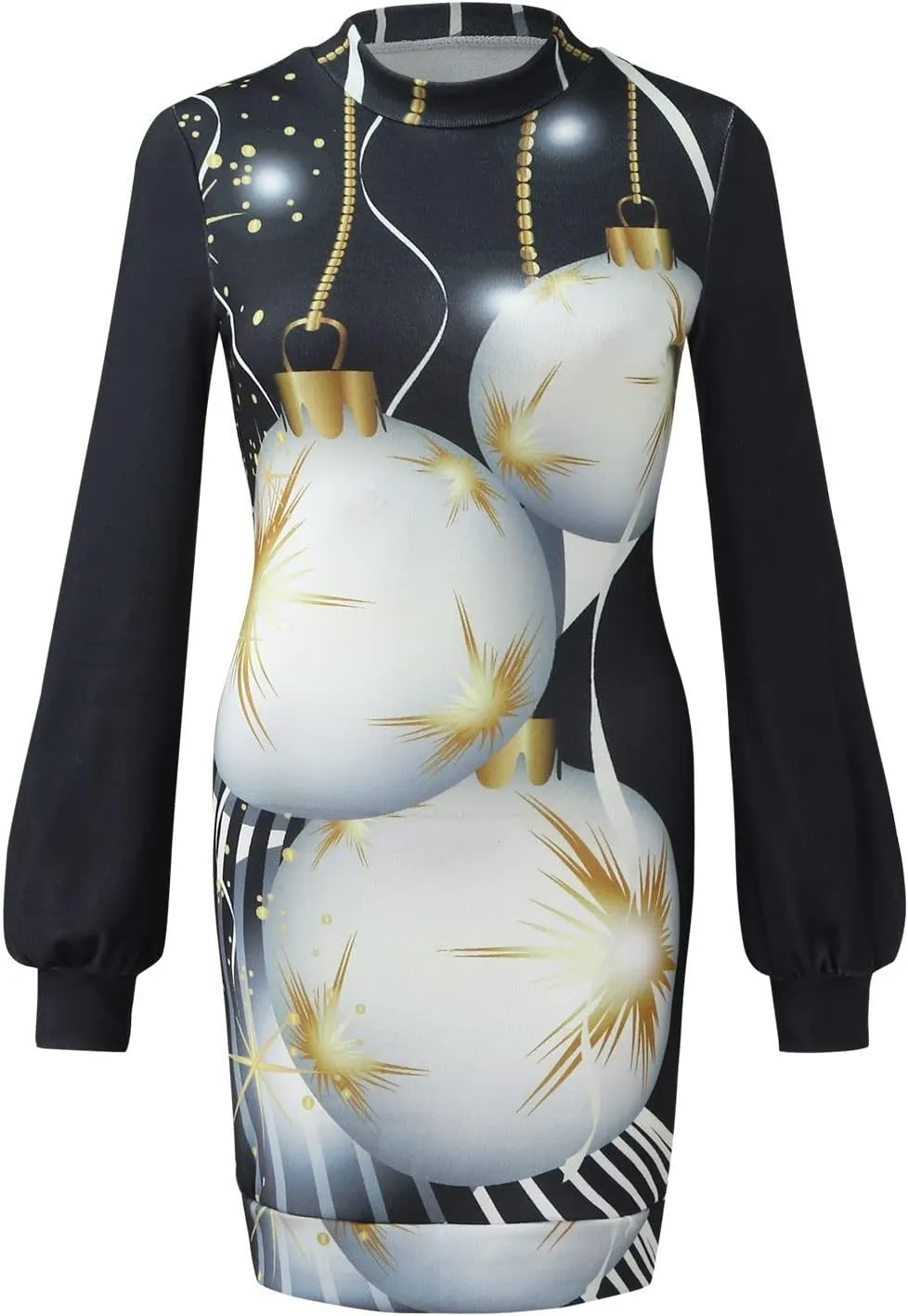 Women's Christmas Short Dress Cute Printed Slim Fit Casual Loose Novelty Long Puff Sleeve High Neck Formal Sweater Dress