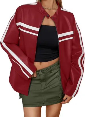 Womens Color Block Faux Leather Jacket Trendy Long Sleeve Oversized Vintage Motorcycle Jacket Fall Casual Biker Outwear