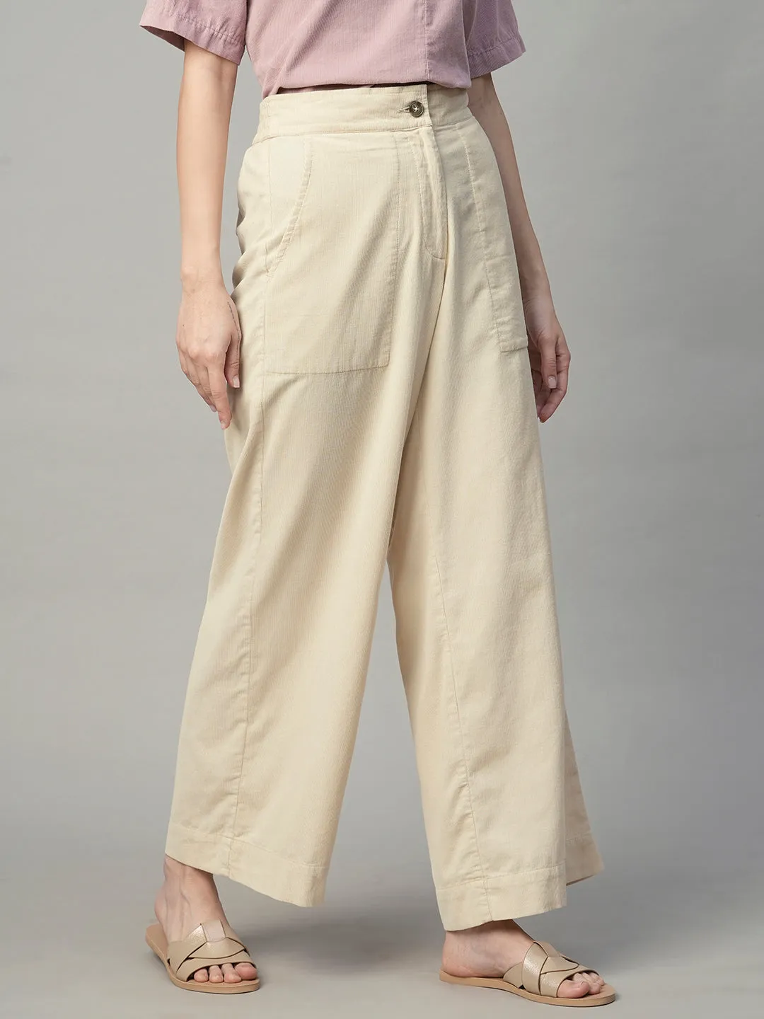 Women's Corduroy Offwhite 100% Cotton Regular Fit Culotte