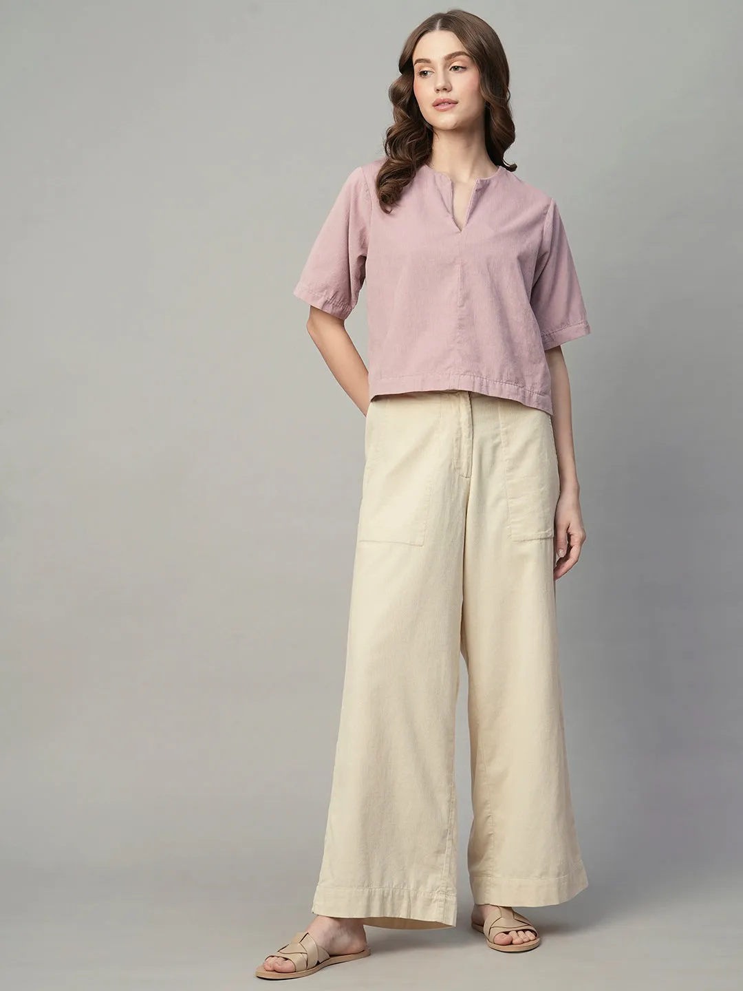 Women's Corduroy Offwhite 100% Cotton Regular Fit Culotte
