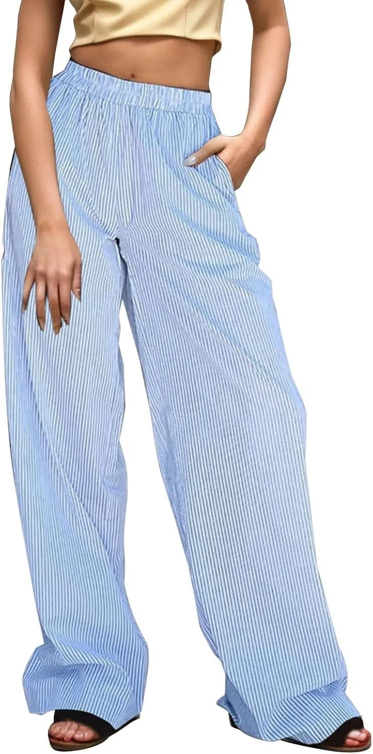 Womens Cotton Linen Casual Pants 2024 Summer Trendy Loose Fit Wide Leg Y2k Striped Trousers Elastic High Waist Fashion Pants