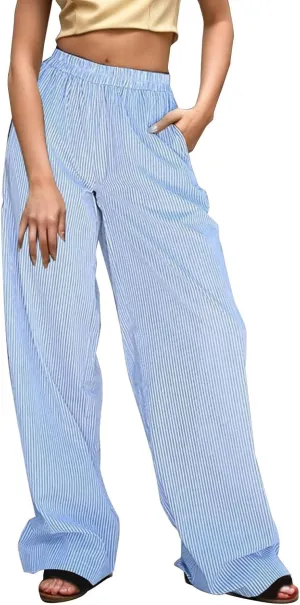 Womens Cotton Linen Casual Pants 2024 Summer Trendy Loose Fit Wide Leg Y2k Striped Trousers Elastic High Waist Fashion Pants