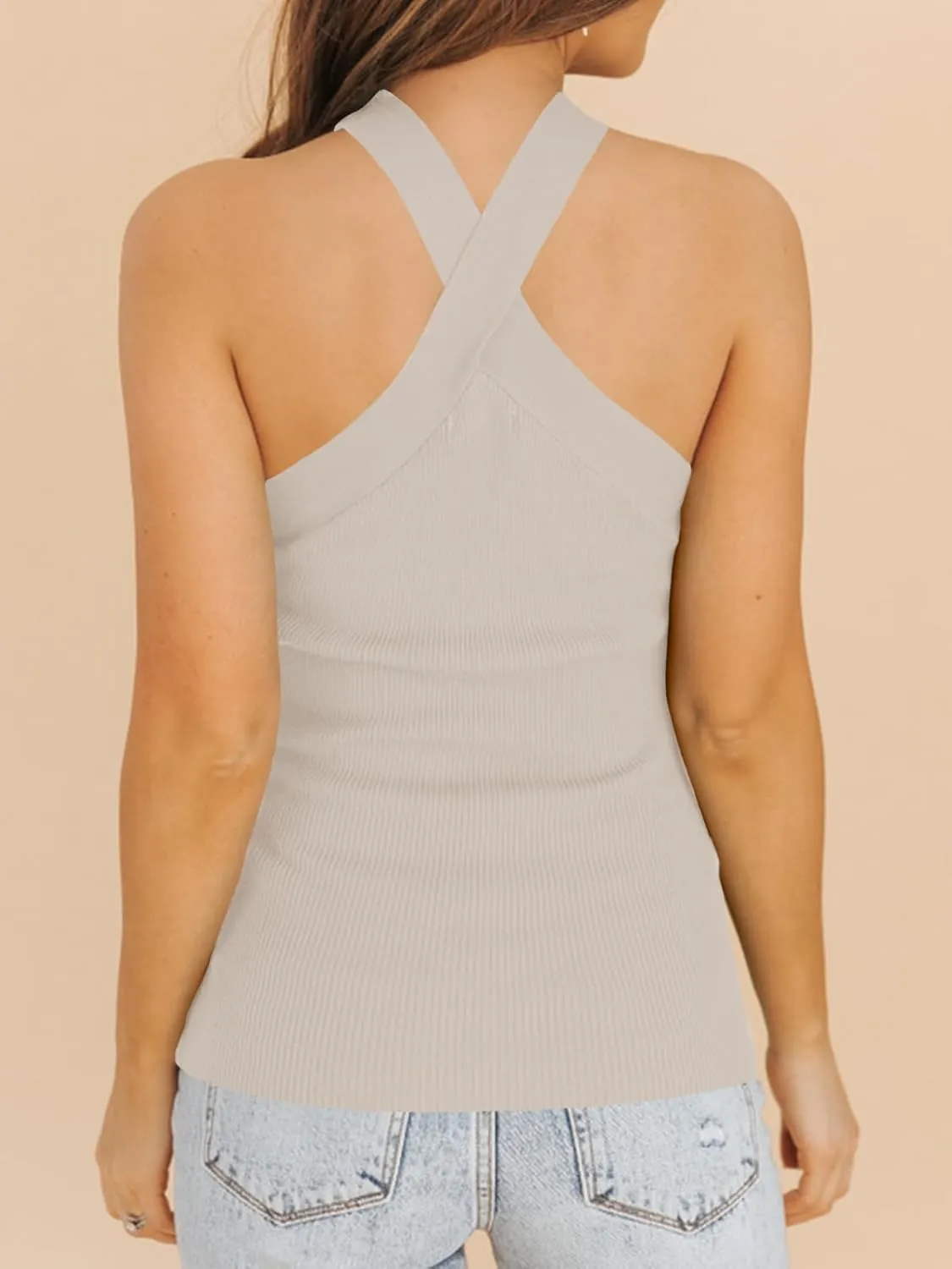 Womens Criss Cross Halter Sweater Vest Tops Summer Sleeveless Pullover Casual Lightweight V Neck Knit Tank Top