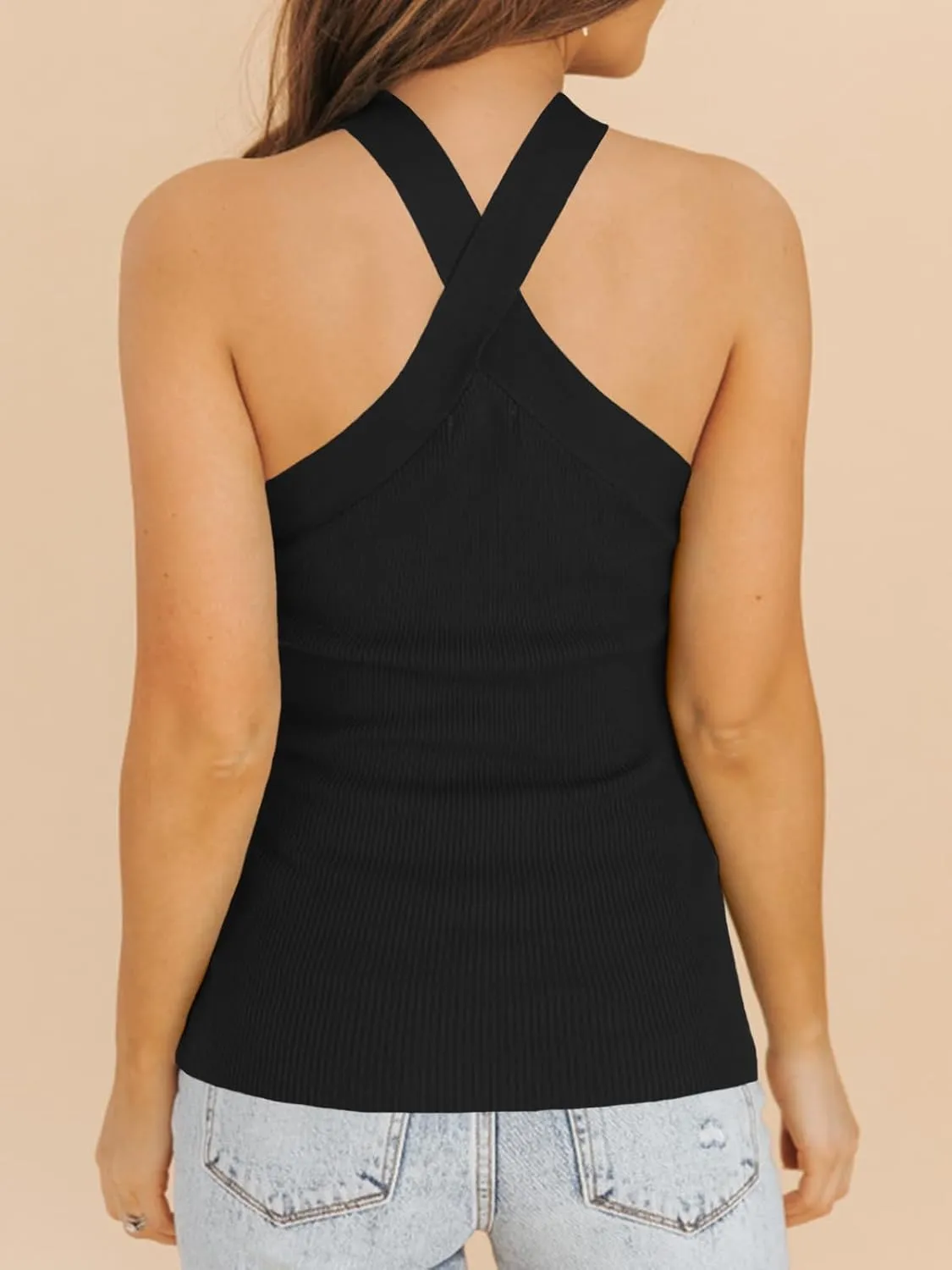 Womens Criss Cross Halter Sweater Vest Tops Summer Sleeveless Pullover Casual Lightweight V Neck Knit Tank Top
