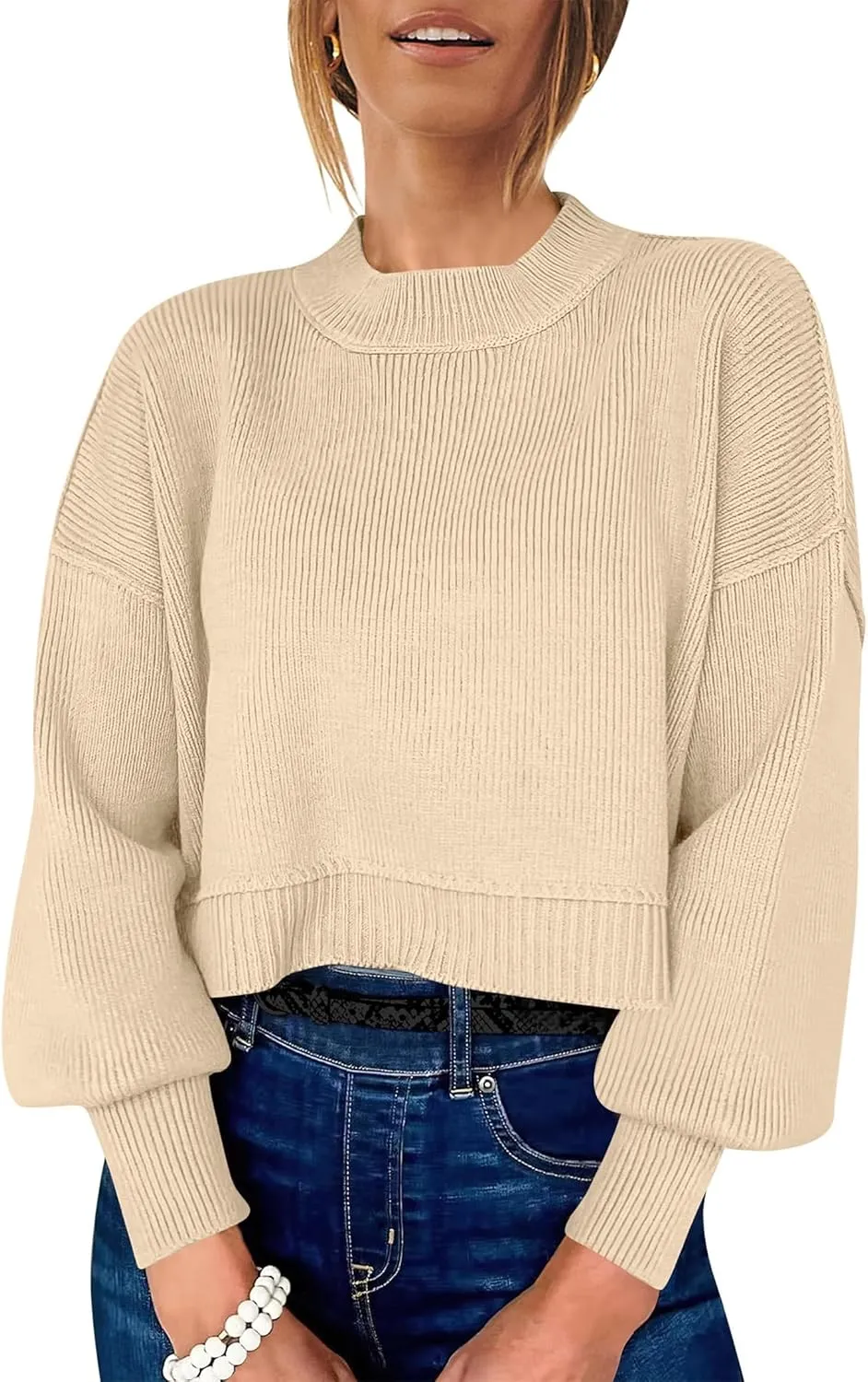 Womens Cropped Pullover Sweater Polka Dot Chunky Knit Sweater Floral Printed Crewneck Long Sleeve Fall Winter Outfits