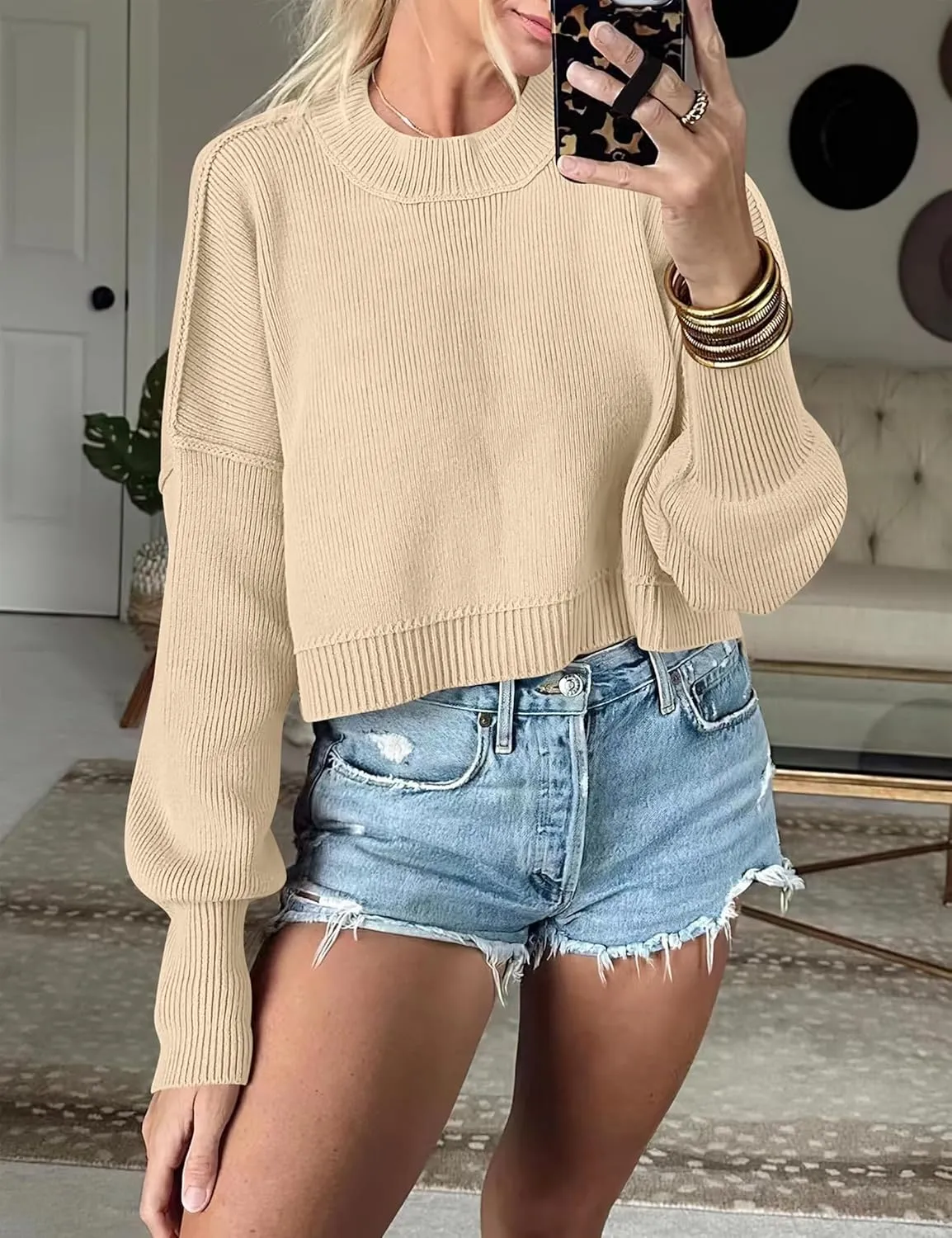 Womens Cropped Pullover Sweater Polka Dot Chunky Knit Sweater Floral Printed Crewneck Long Sleeve Fall Winter Outfits