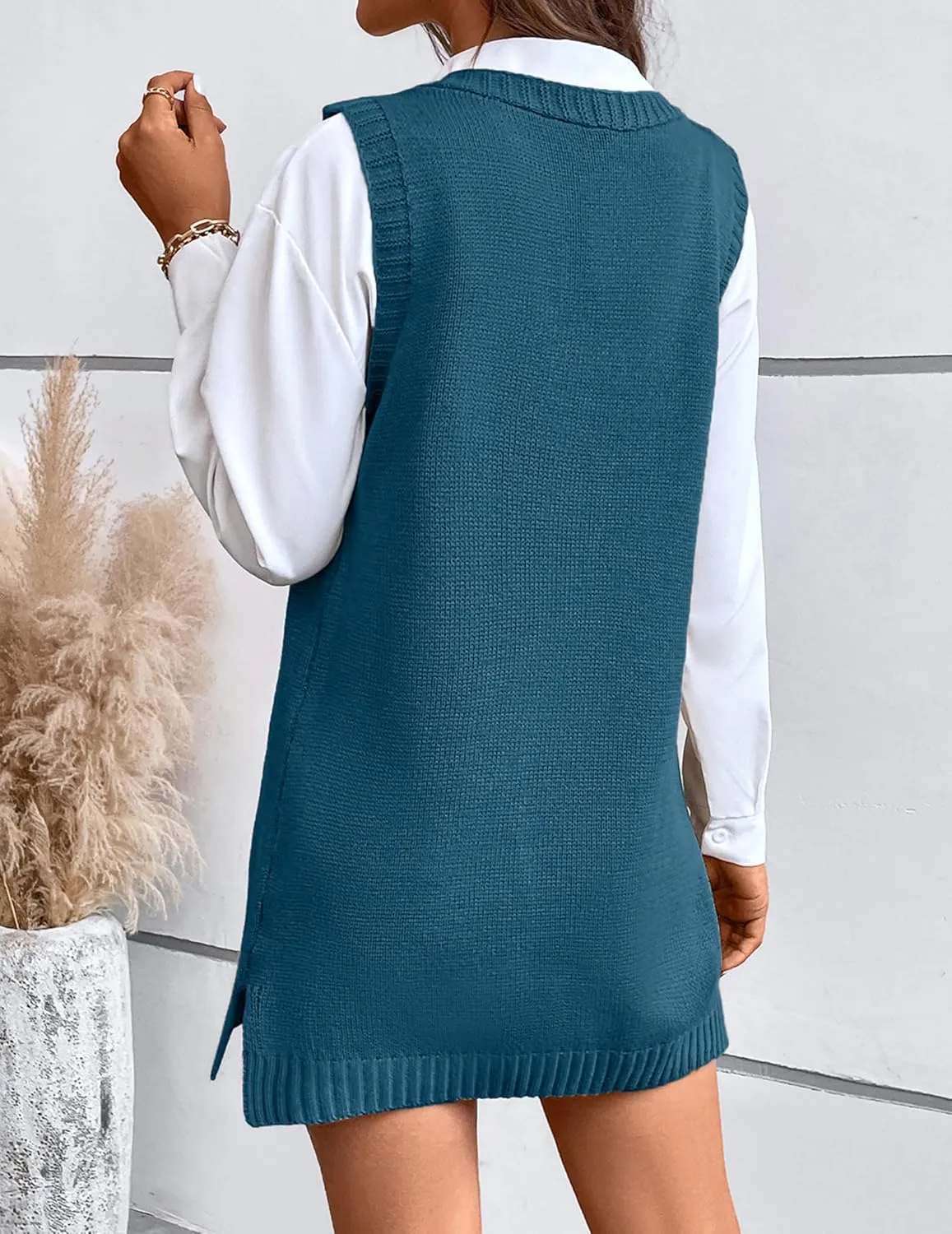 Womens Cute Lightweight V Neck Long Sweater Vest Dress Spring 2025 Trendy Ribbed Knit Side Slit Tunic Pullover Top