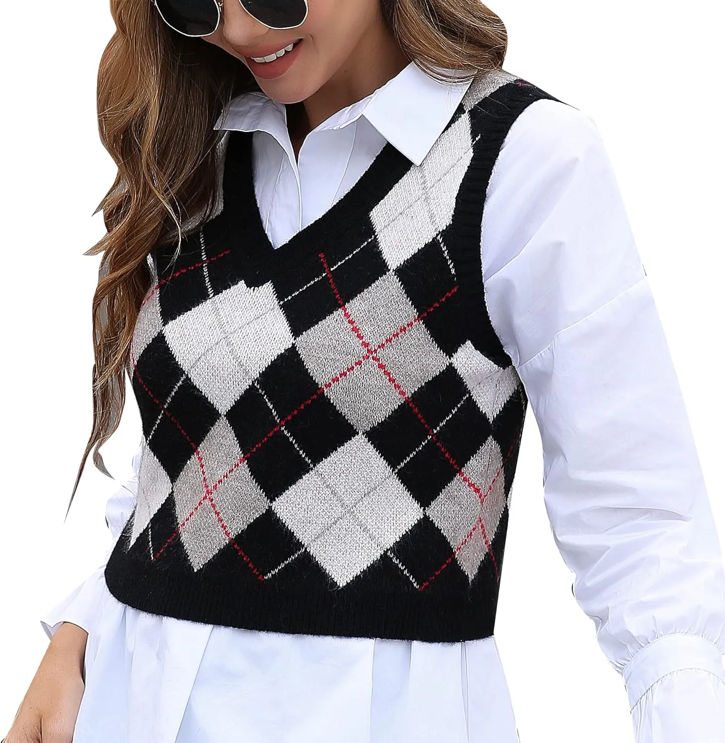 Women's Fashion Cropped Sweater Vest College Style Sleeveless Vest