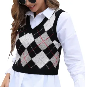 Women's Fashion Cropped Sweater Vest College Style Sleeveless Vest