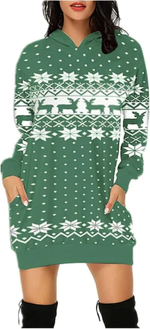 Women's Fashion Hoodie Dress Fall Casual Long Sleeve Christmas Print Loose Lightweight Sweatshirt Dress Plus Size