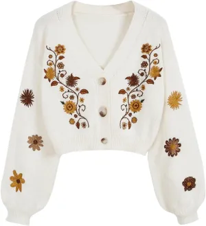 Women's Floral Embroidery Hippie Crop Cardigan Sweater Cottagecore Button Down V Neck Long Sleeve Sweater Knit Top