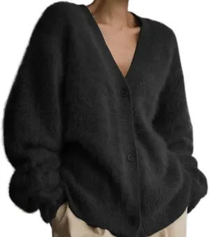 Women's Fuzzy Knit Cardigan Button Down V Neck Loose Oversized Slouchy Furry Sweater Coat Outwear