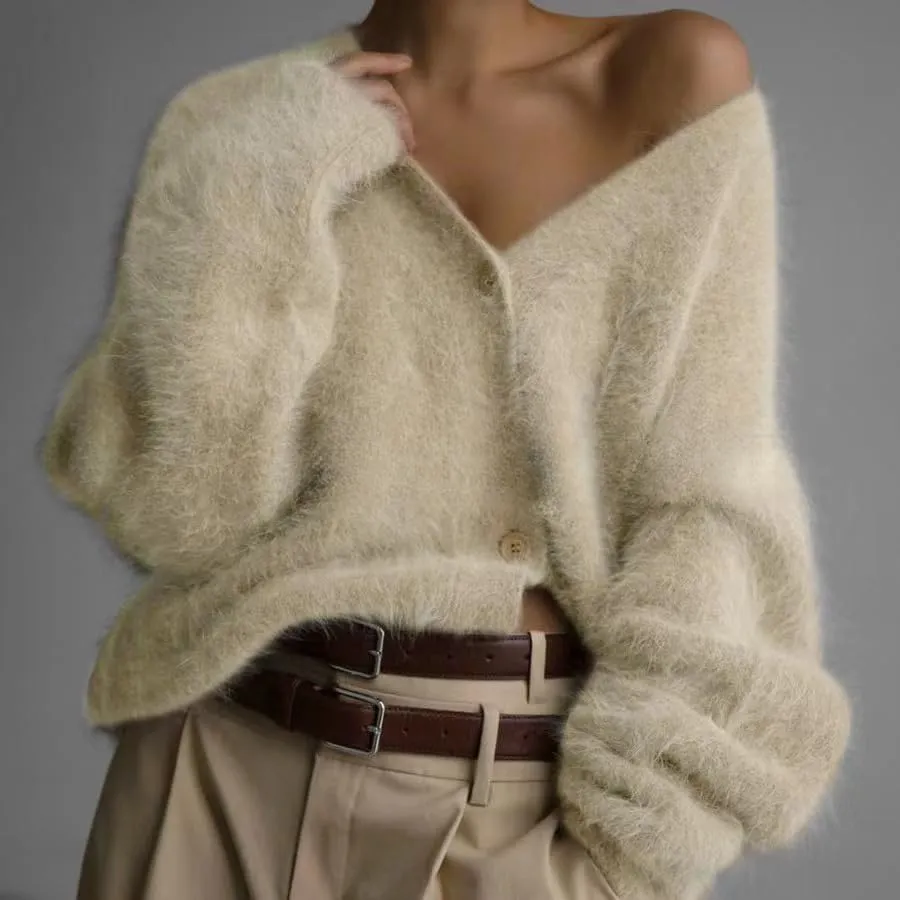 Womens Fuzzy Sweaters Cardigan V-Neck Button Down Oversized Mohair Sweater Casual Y2k 2025 Fall Winter