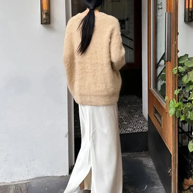 Womens Fuzzy Sweaters Cardigan V-Neck Button Down Oversized Mohair Sweater Casual Y2k 2025 Fall Winter