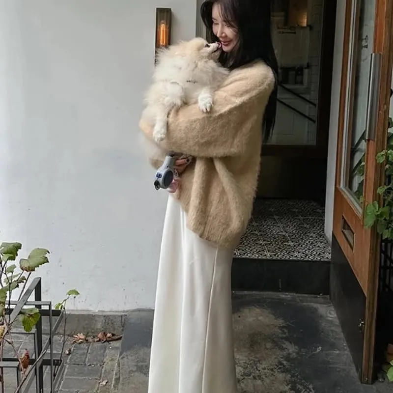 Womens Fuzzy Sweaters Cardigan V-Neck Button Down Oversized Mohair Sweater Casual Y2k 2025 Fall Winter