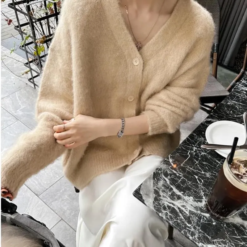 Womens Fuzzy Sweaters Cardigan V-Neck Button Down Oversized Mohair Sweater Casual Y2k 2025 Fall Winter