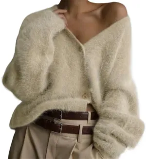 Womens Fuzzy Sweaters Cardigan V-Neck Button Down Oversized Mohair Sweater Casual Y2k 2025 Fall Winter