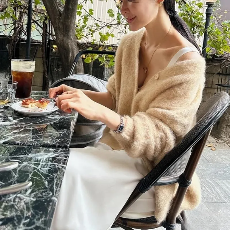 Womens Fuzzy Sweaters Cardigan V-Neck Button Down Oversized Mohair Sweater Casual Y2k 2025 Fall Winter