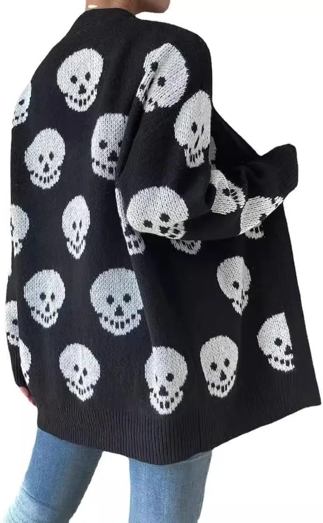 Womens Gothic Open Cardigan Skull V Neck Oversized Halloween Skull Knitting Patterned Long Sleeve Sweater