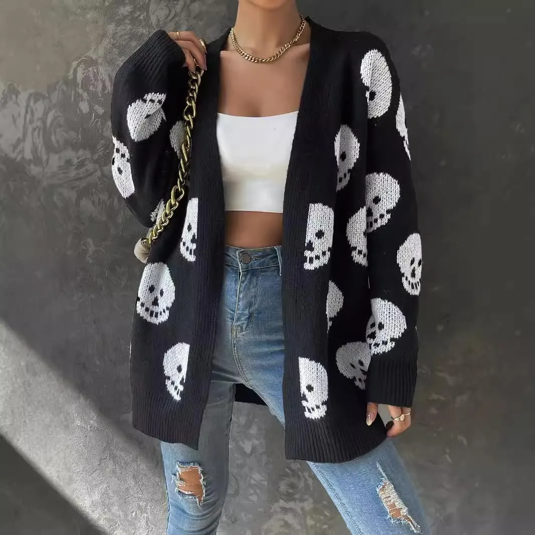 Womens Gothic Open Cardigan Skull V Neck Oversized Halloween Skull Knitting Patterned Long Sleeve Sweater